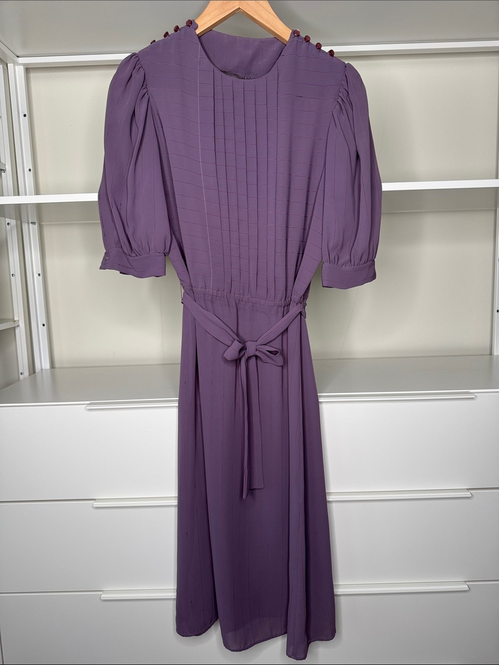 Purple Midi Dress with Pleated Front and Tie Waist